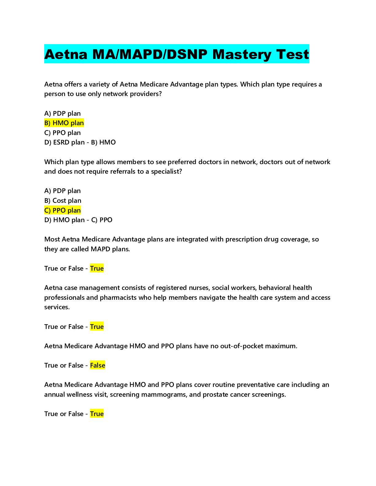 Preview image for (answered)Aetna MA/MAPD/DSNP Mastery Test_ 2022.